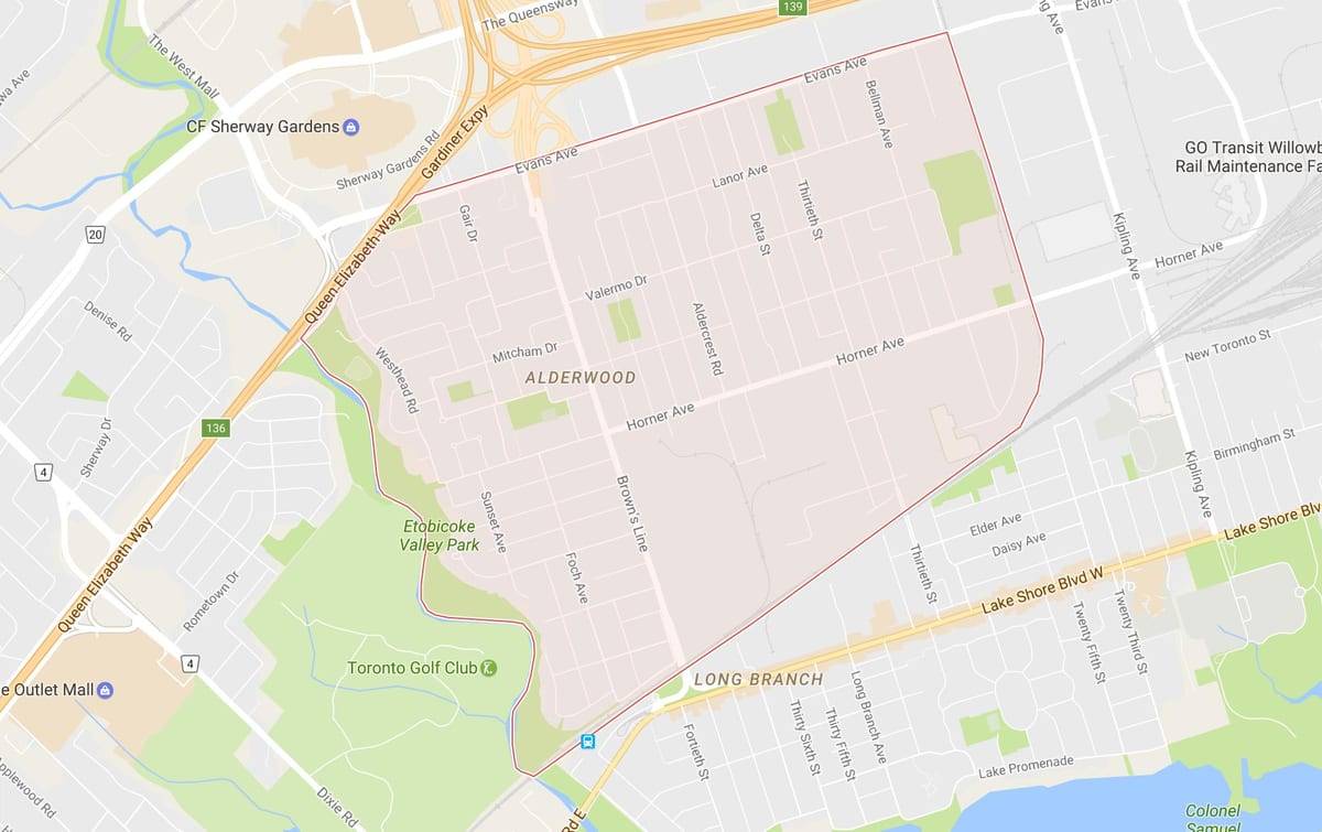 Mapa Alderwood Parkview auzoa Toronto