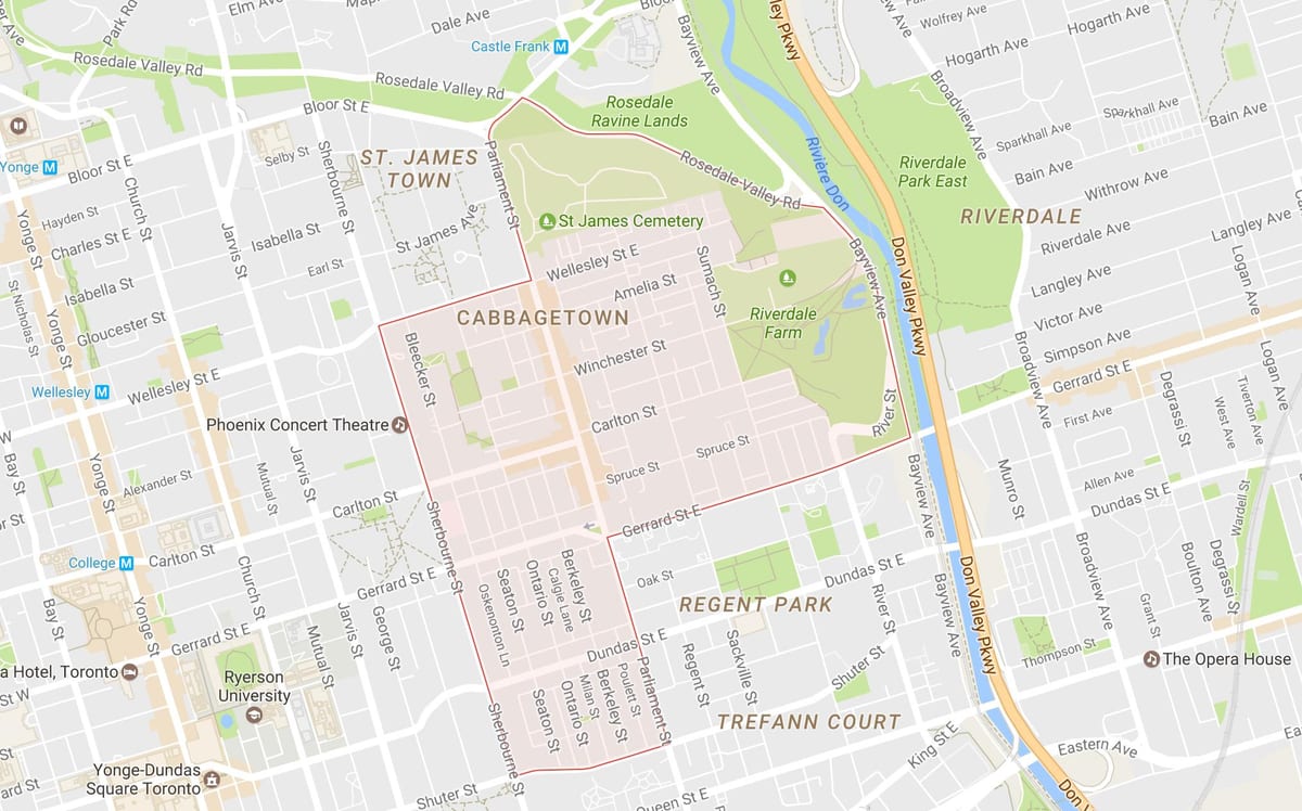 Mapa Cabbagetown auzoa Toronto