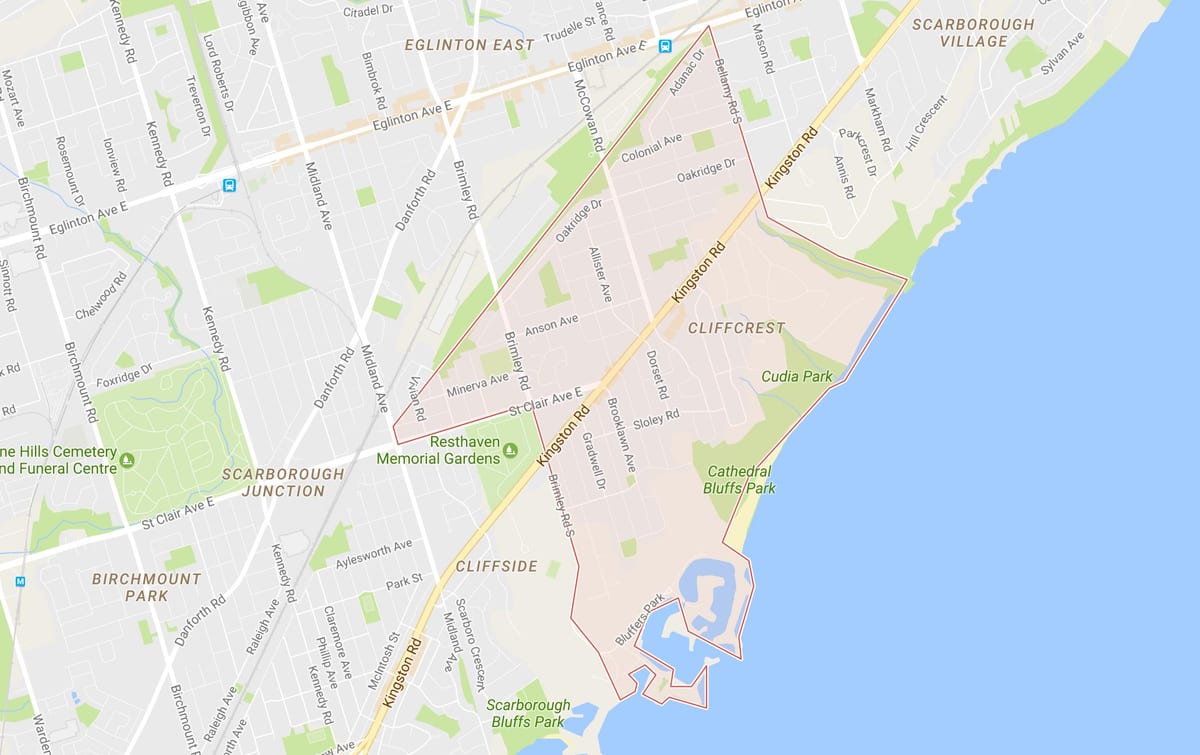 Mapa Cliffcrest auzoa Toronto