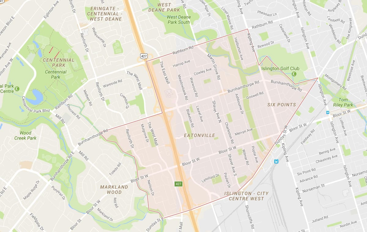 Mapa Eatonville auzoa Toronto