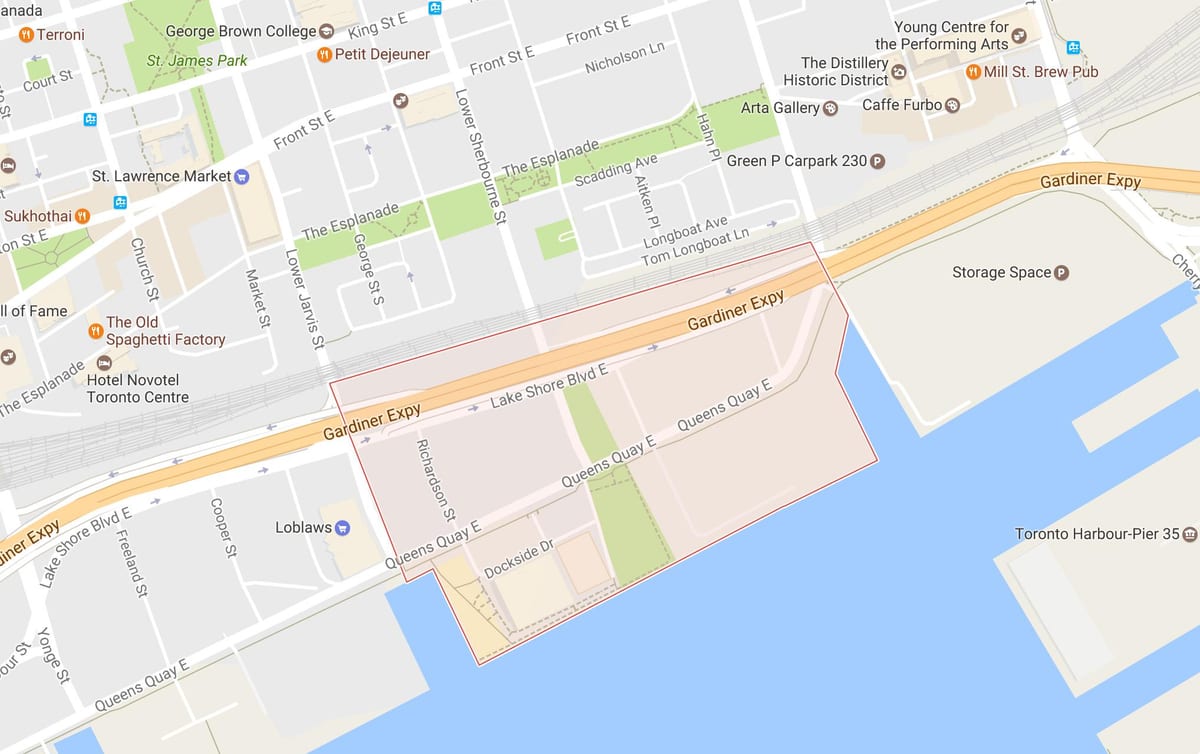 Mapa Ekialdean Bayfront auzoa Toronto