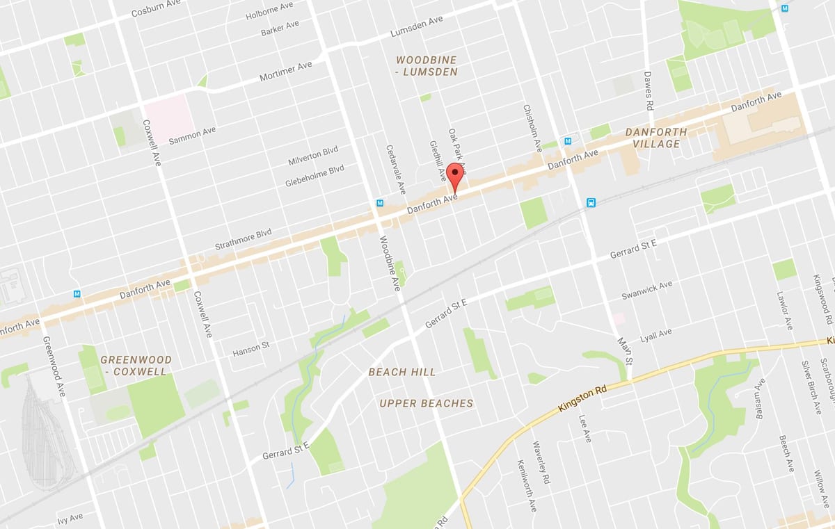 Mapa Ekialdean Danforth auzoa Toronto