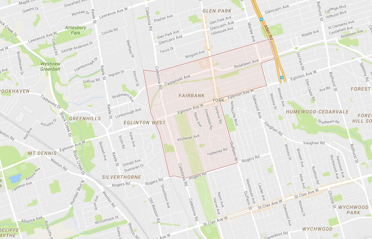 Mapa Fairbank auzoa Toronto