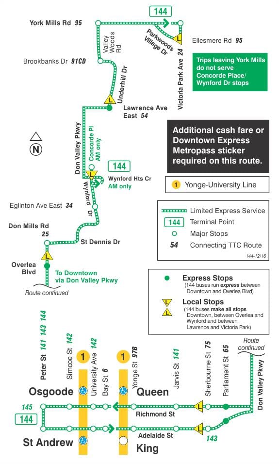 Mapa HAR 144 Erdigunera / Don Valley Express autobus ibilbidea Toronto