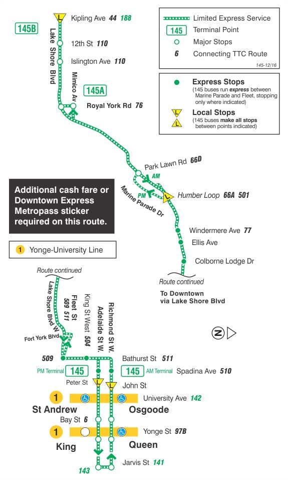Mapa HAR 145 Erdigunera / Humber Bay Express autobus ibilbidea Toronto