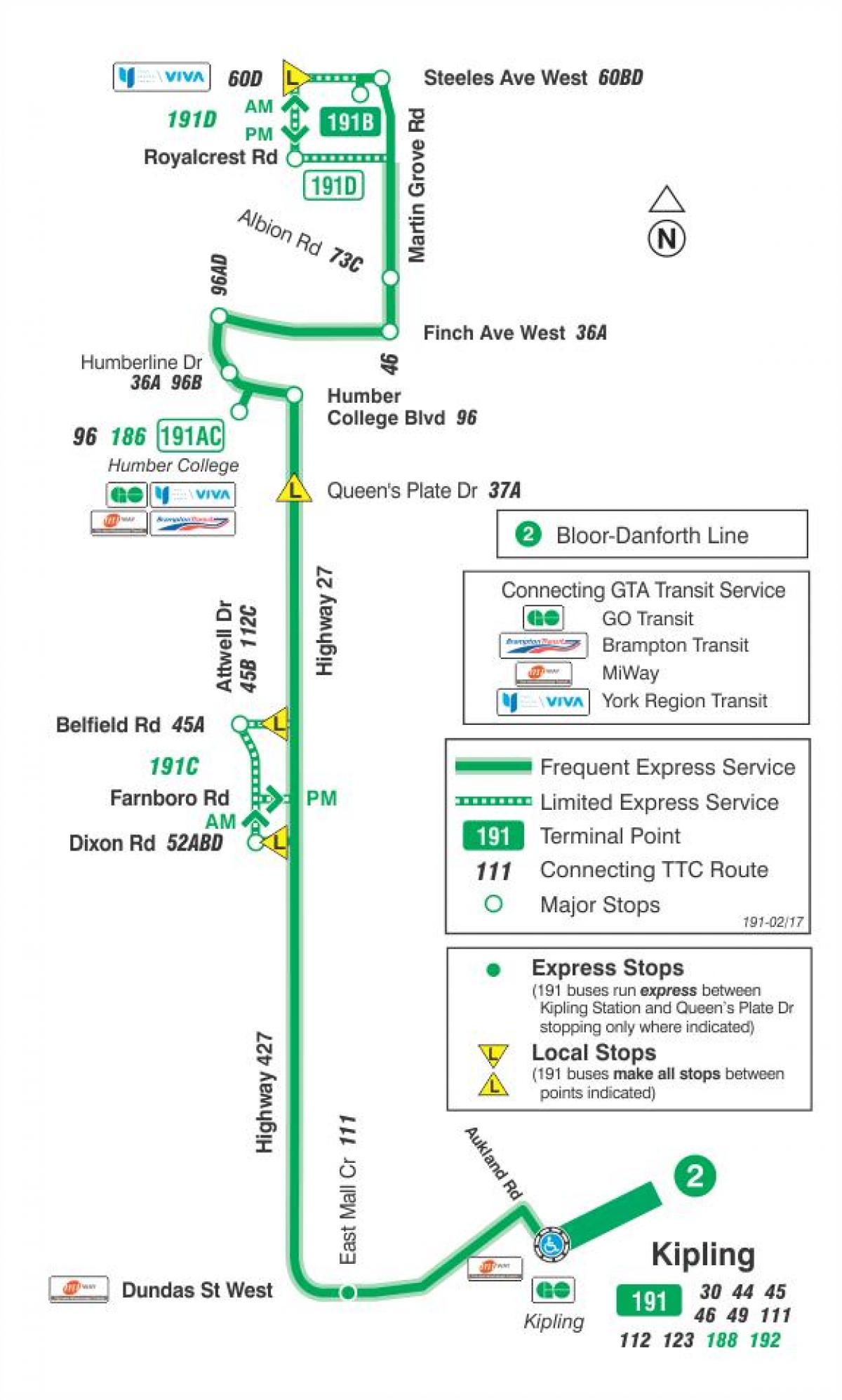 Mapa HAR 191 Highway 27 Suziria autobus ibilbidea Toronto