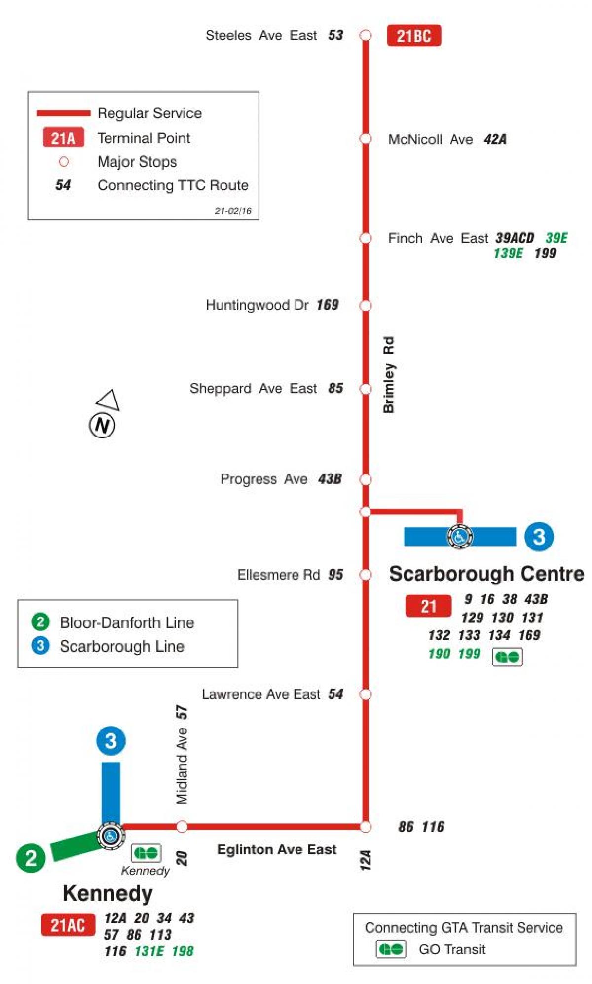 Mapa HAR 21 Brimley autobus ibilbidea Toronto