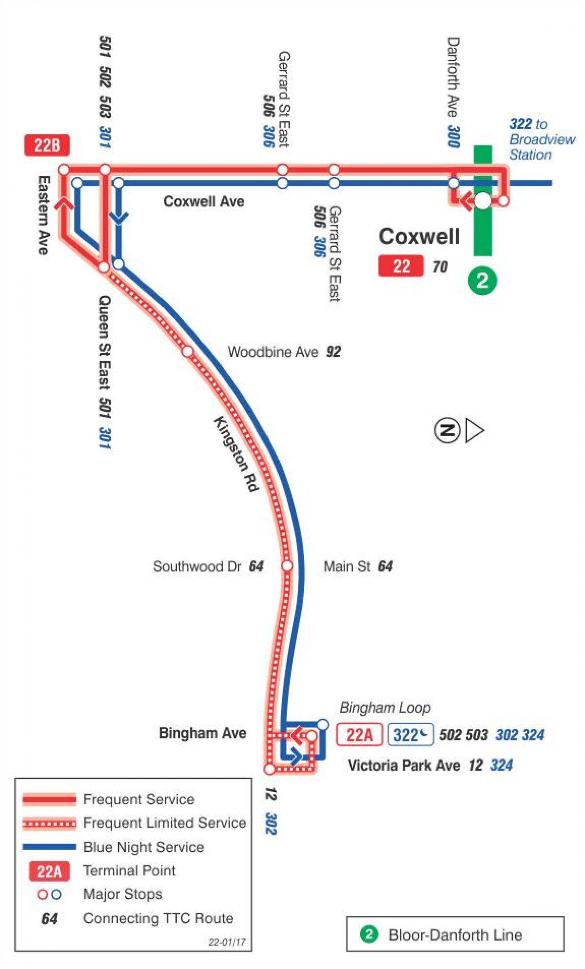Mapa HAR 22 Coxwell autobus ibilbidea Toronto