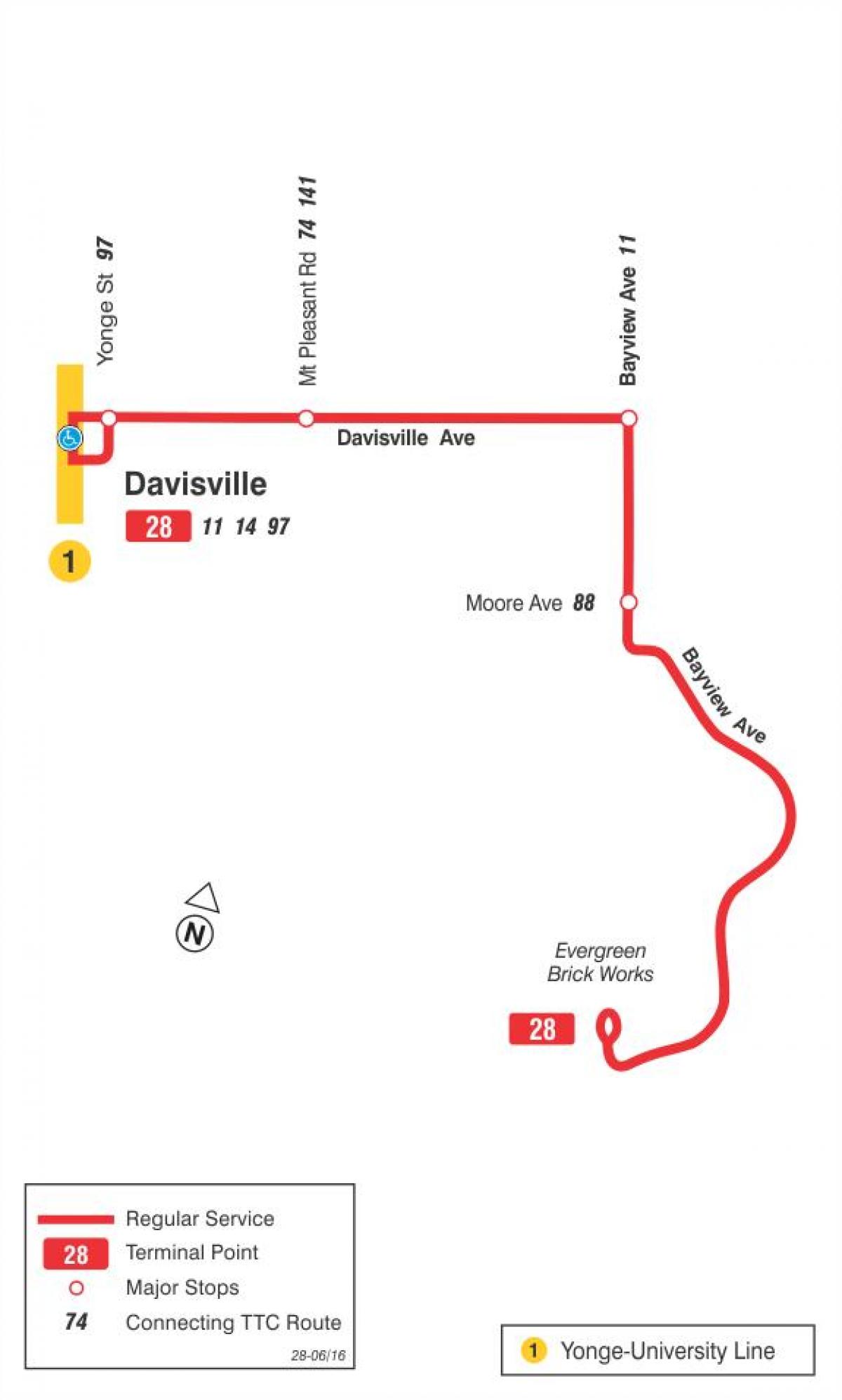 Mapa HAR 28 Bayview Hego autobus ibilbidea Toronto