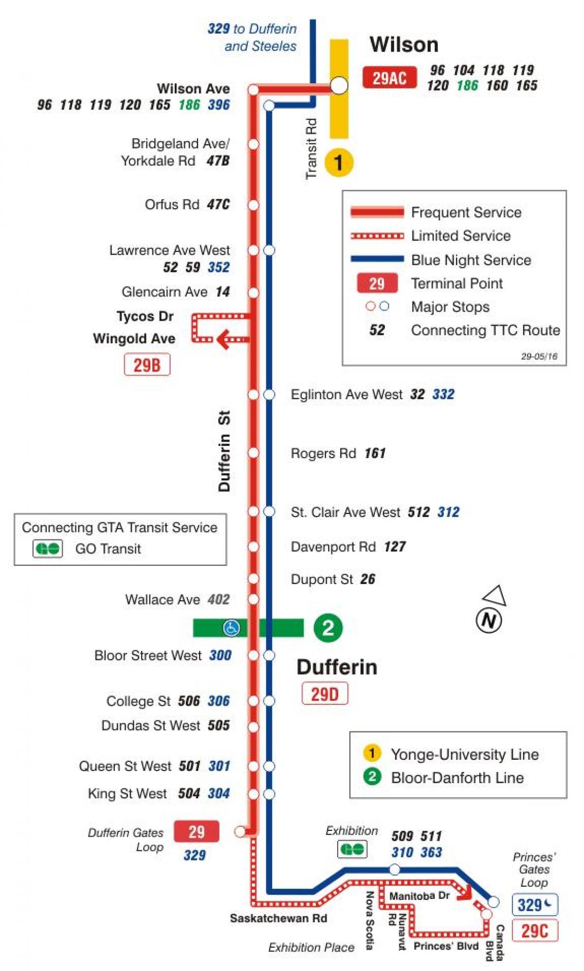 Mapa HAR 29 Dufferin autobus ibilbidea Toronto