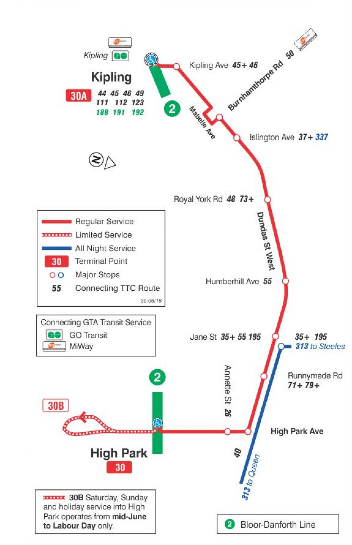 Mapa HAR 30 Lambton autobus ibilbidea Toronto