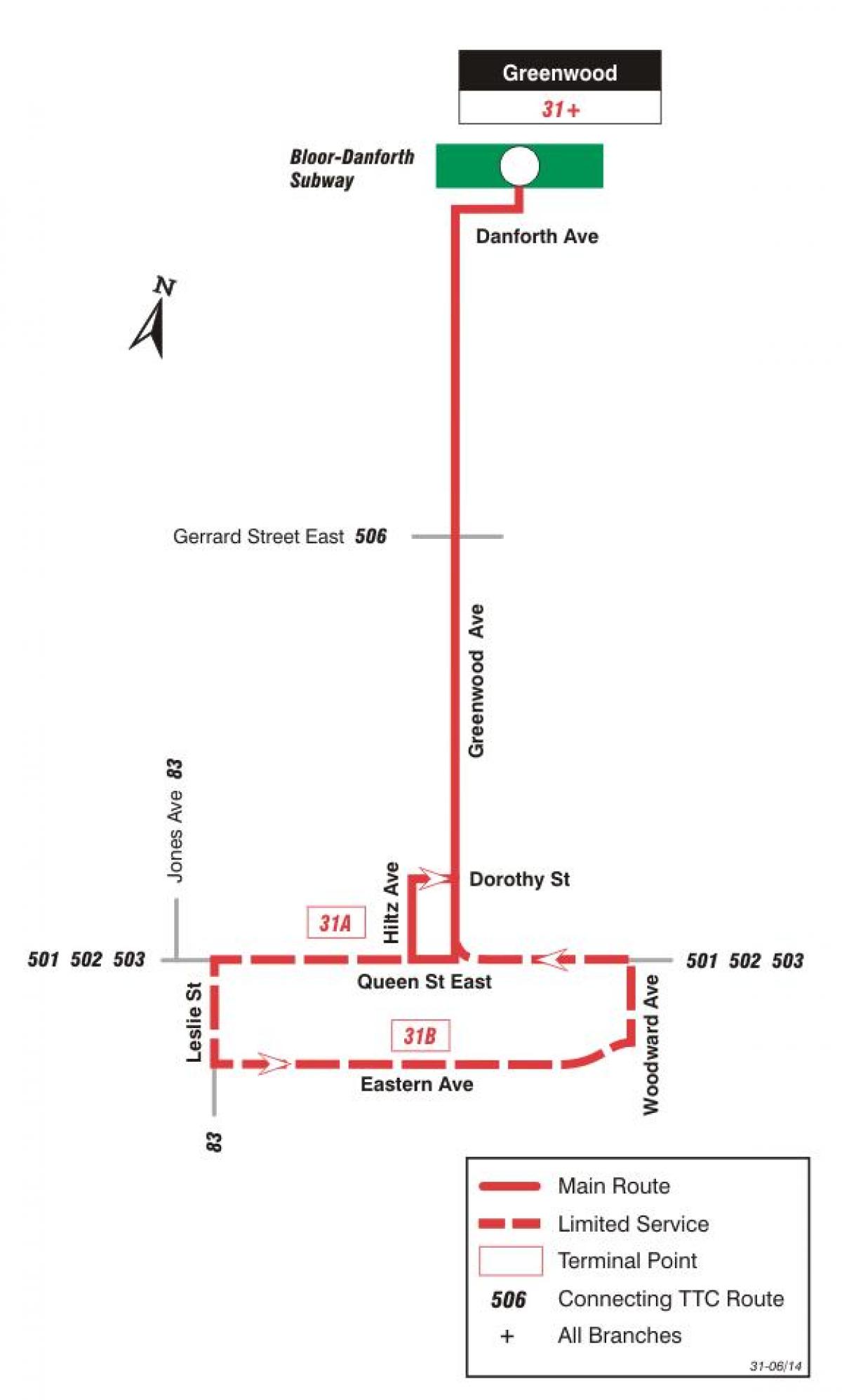 Mapa HAR 31 Greenwood autobus ibilbidea Toronto
