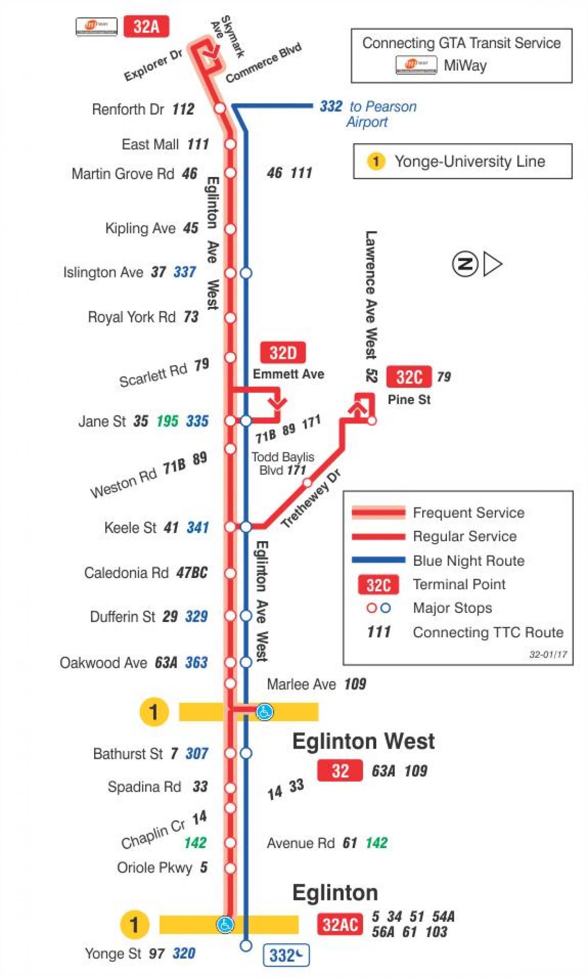 Mapa HAR 32 Eglinton West autobus ibilbidea Toronto