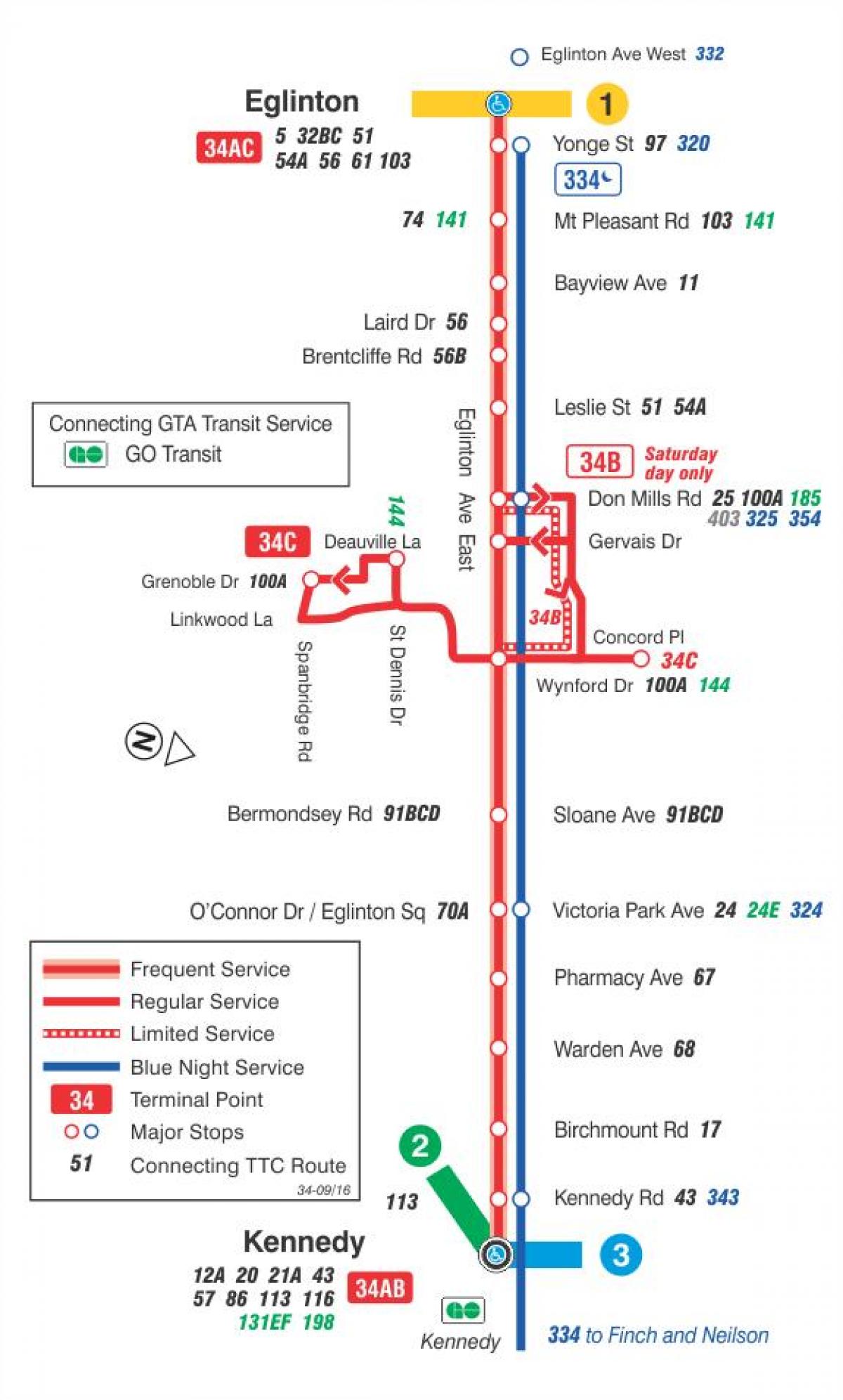 Mapa HAR 34 Eglinton Ekialdean autobus ibilbidea Toronto