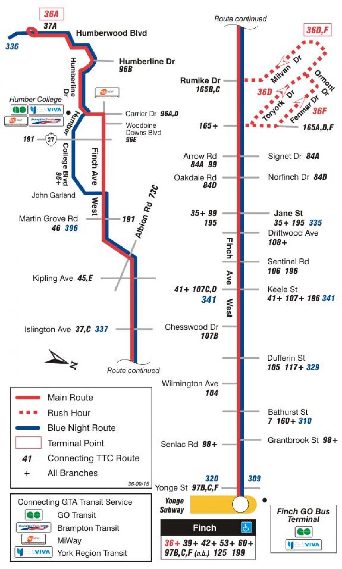 Mapa HAR 36 Finch West autobus ibilbidea Toronto