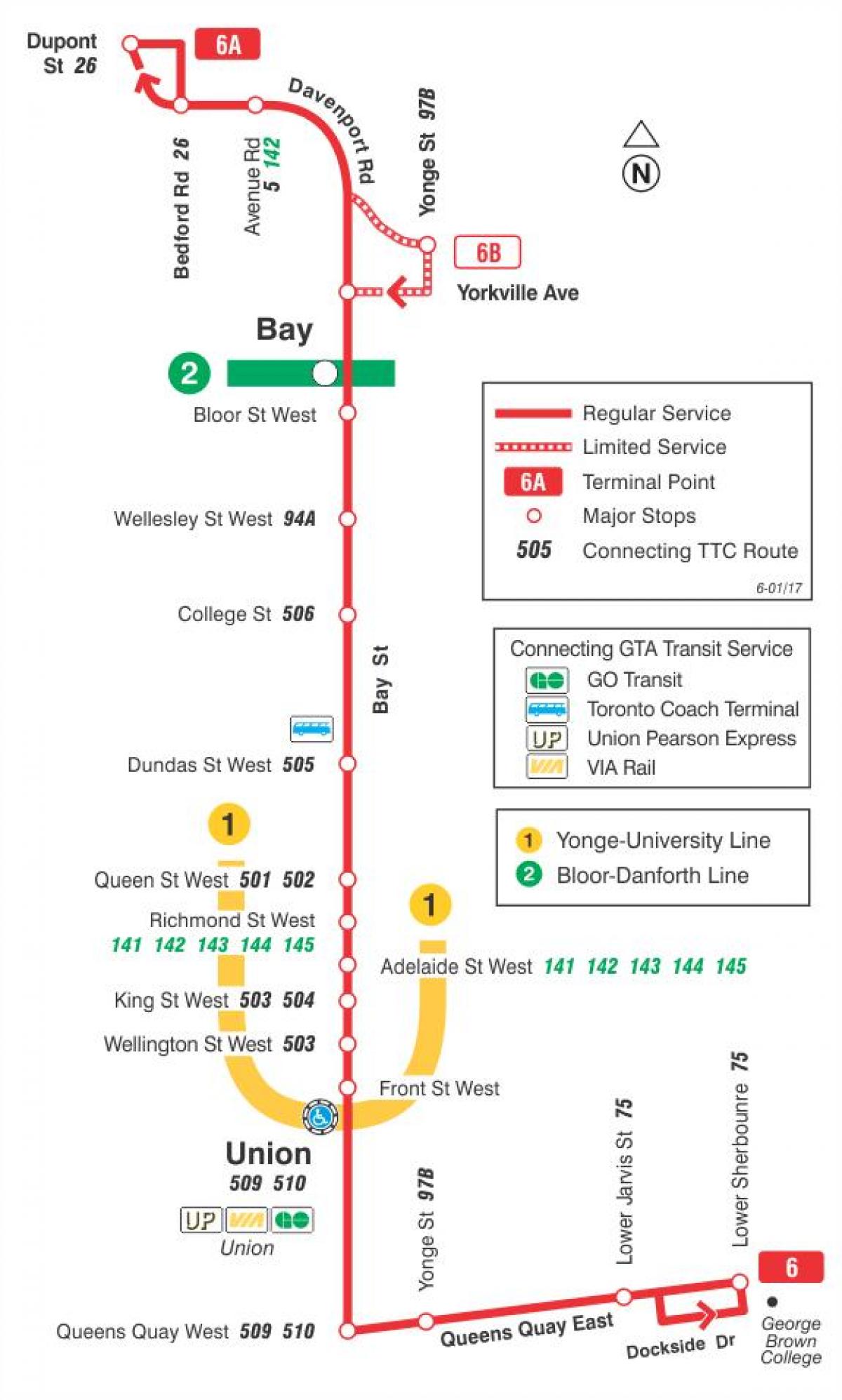 Mapa HAR 6 Bay autobus ibilbidea Toronto