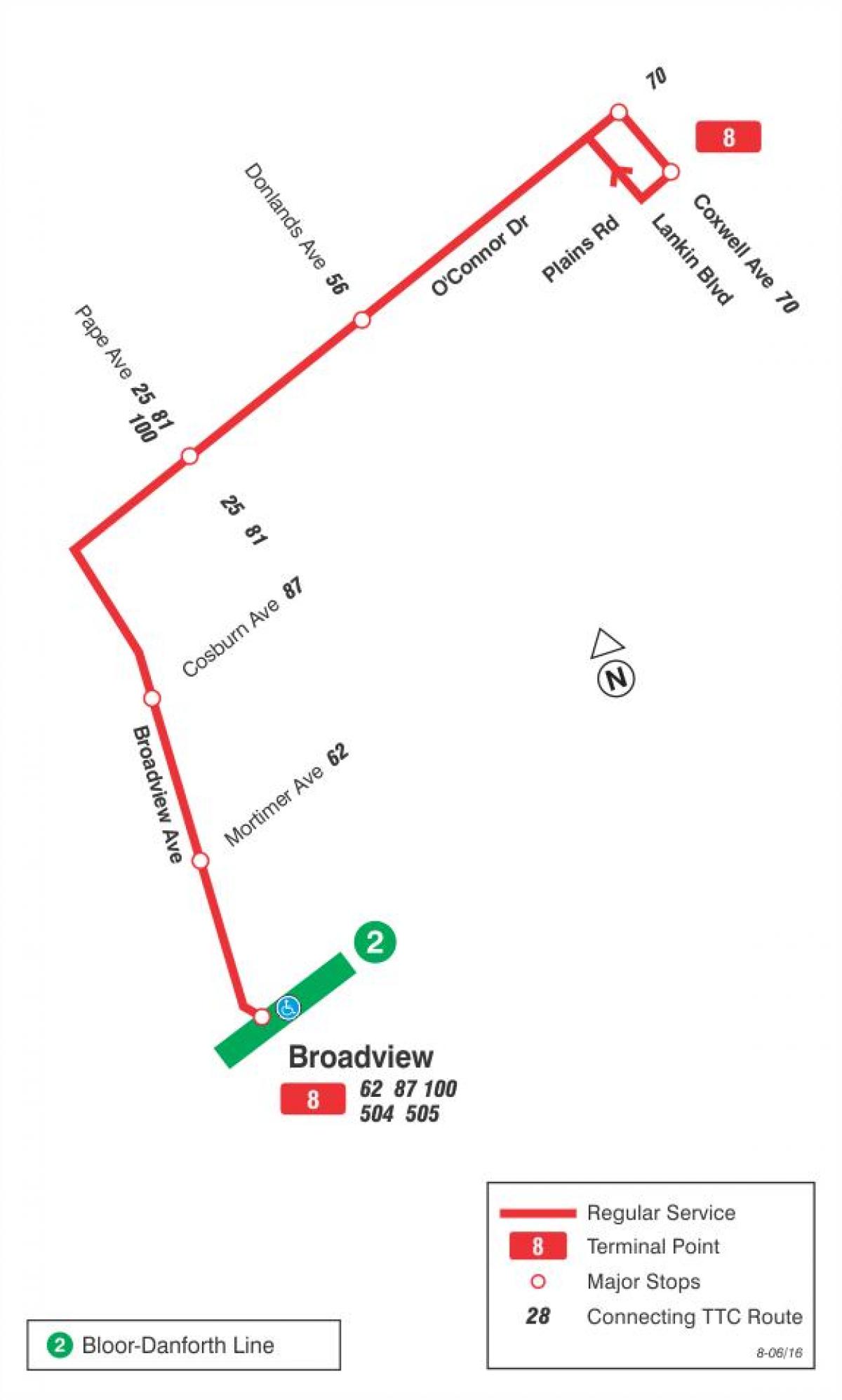 Mapa HAR 8 Broadview autobus ibilbidea Toronto