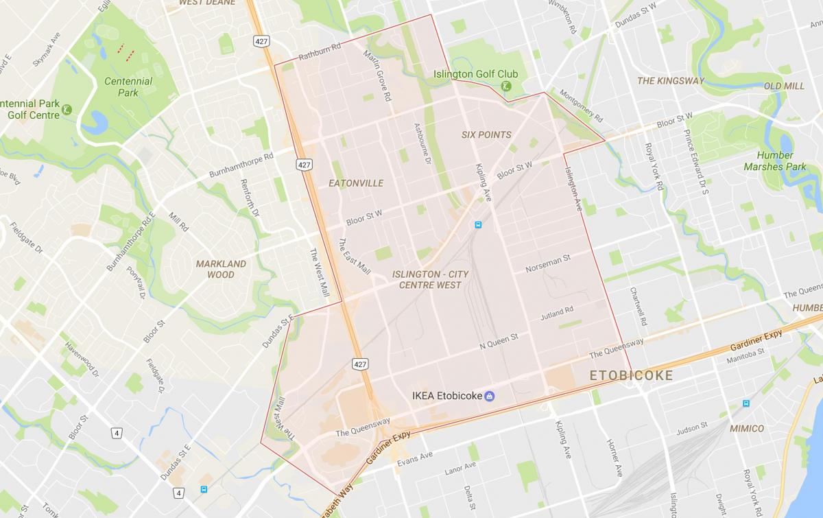 Mapa Islington-Hiriaren Erdigunean West auzoan Toronto