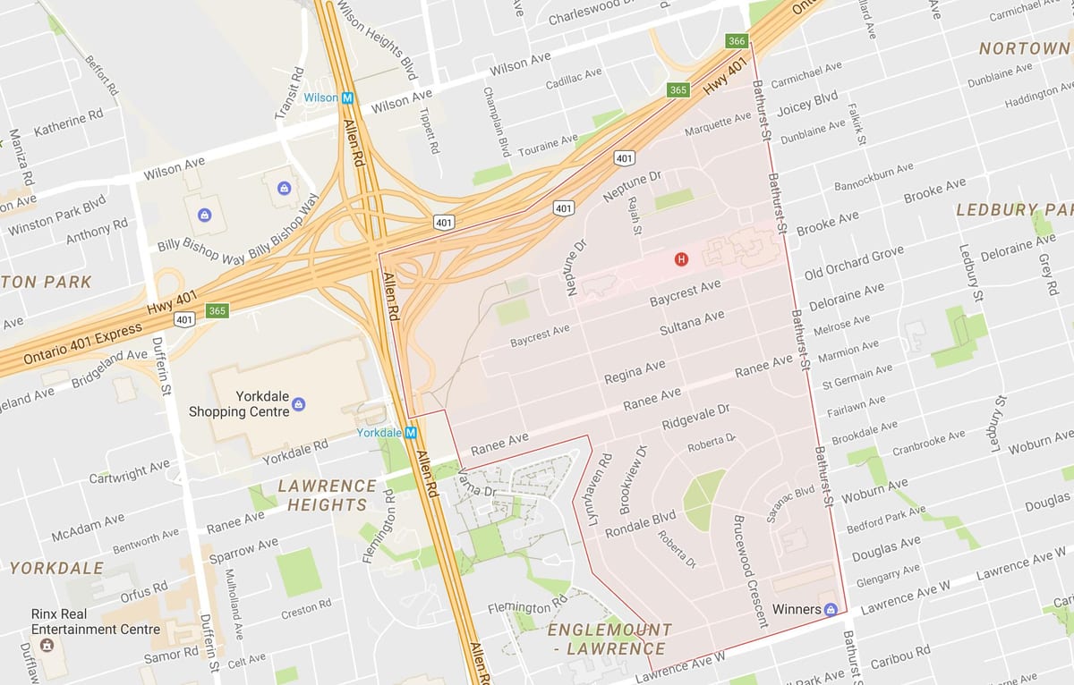Mapa Lawrence Manor auzoa Toronto