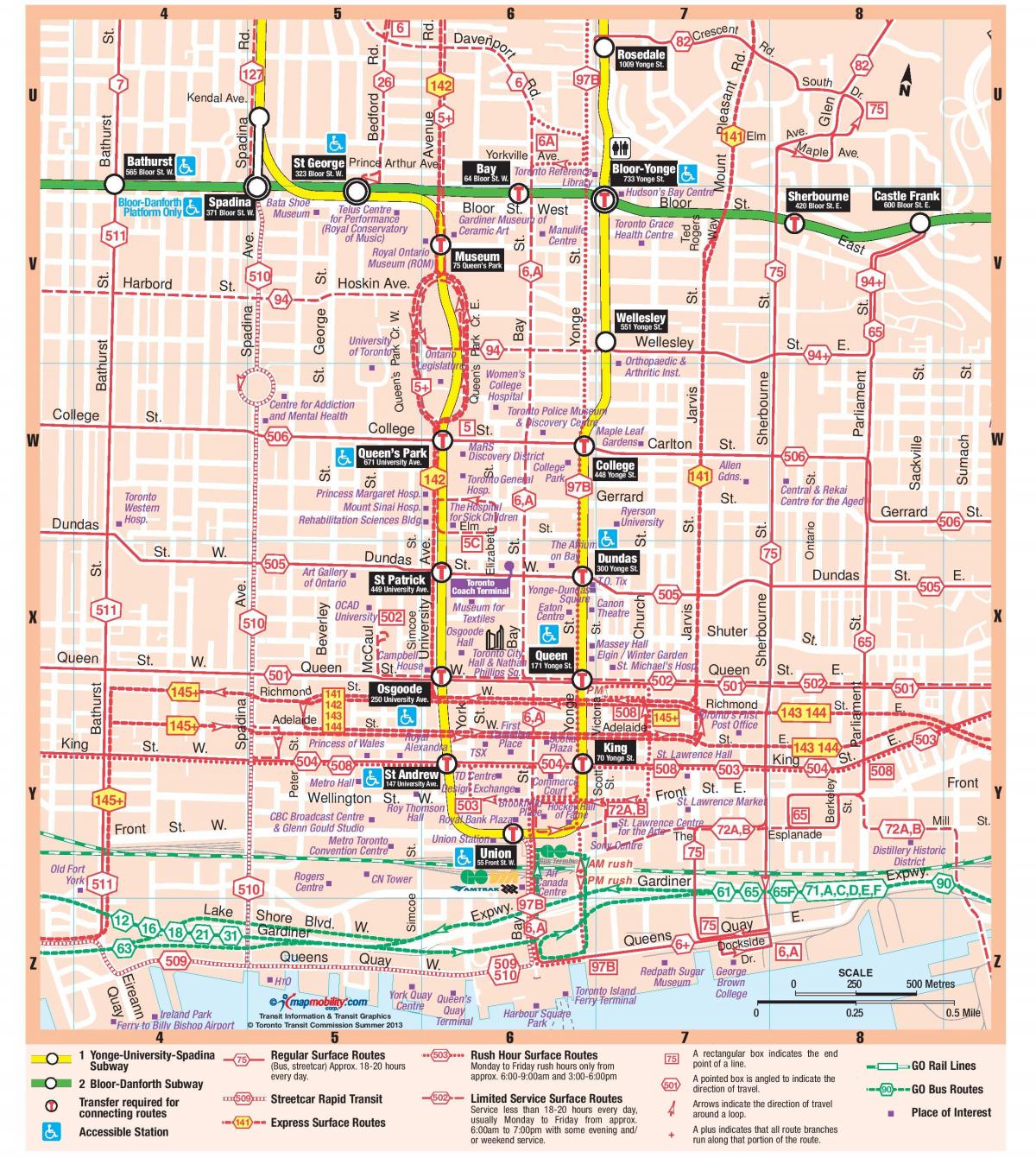 Mapa Metro geltokia hiriaren erdigunean Toronto