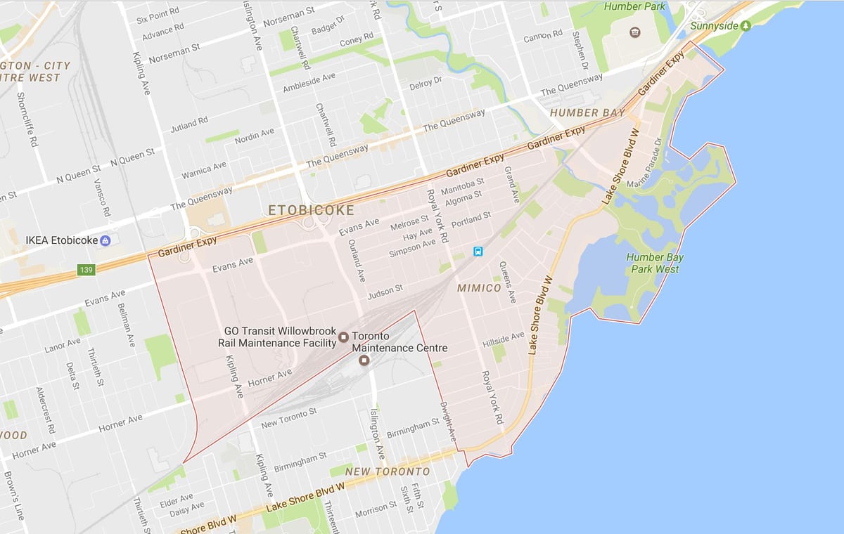 Mapa Mimico auzoa Toronto