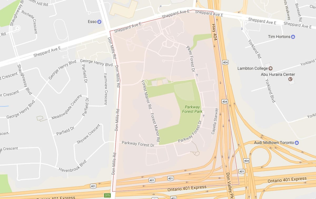 Mapa Parkway Baso auzoa Toronto