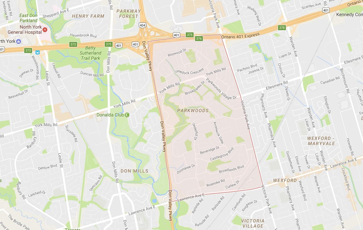 Mapa Parkwoods auzoa Toronto