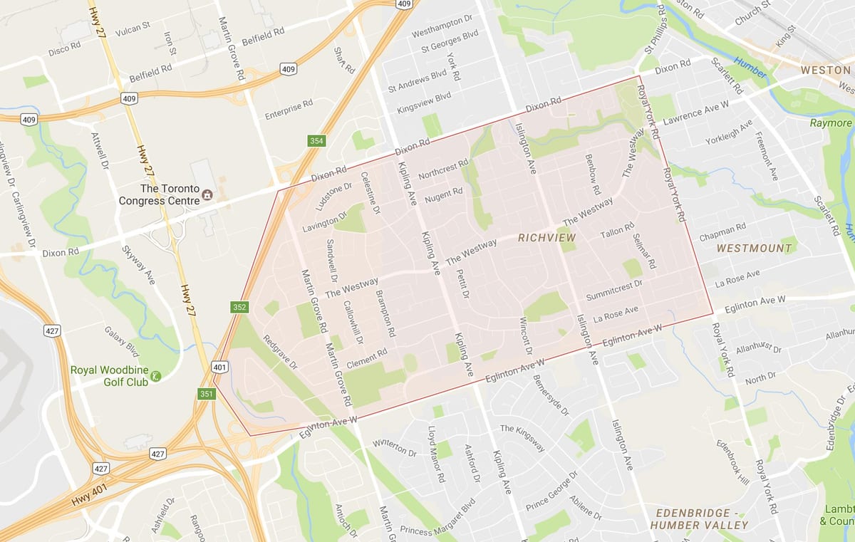 Mapa Richview auzoa Toronto