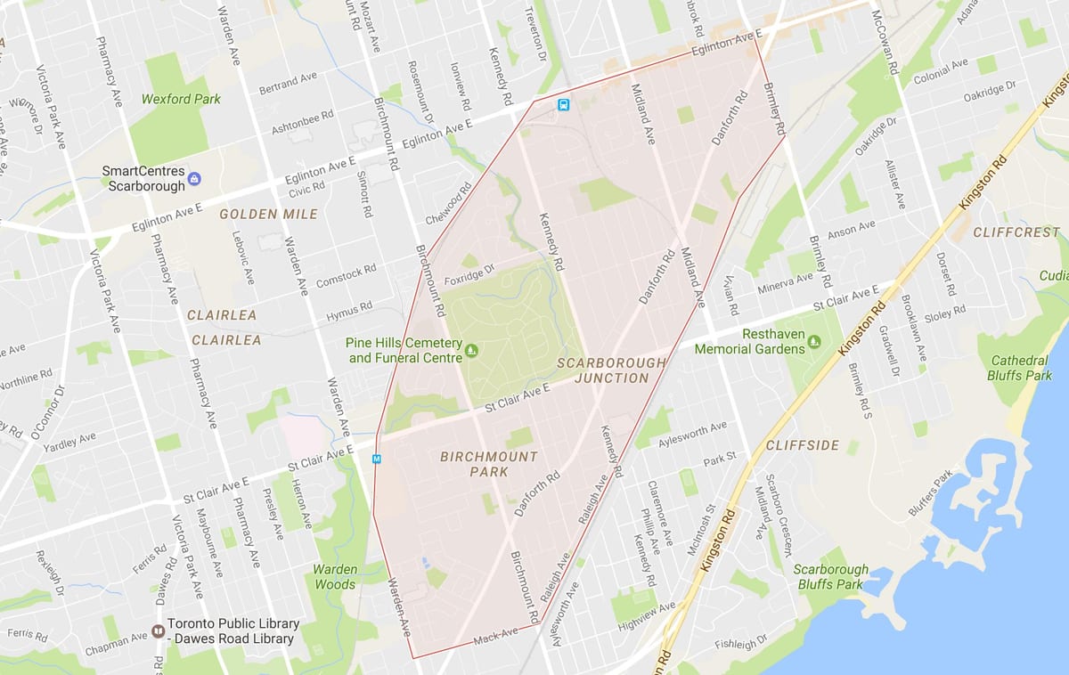 Mapa Scarborough Bidegurutzean auzoa Toronto