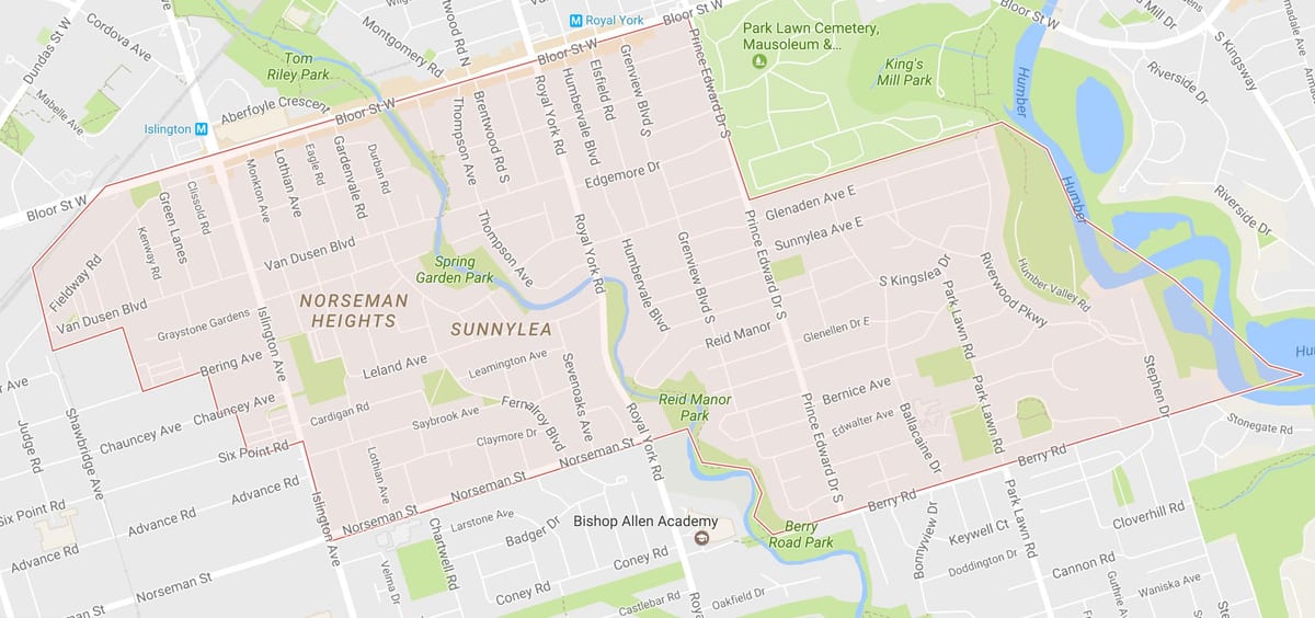 Mapa Sunnylea auzoa auzoa Toronto