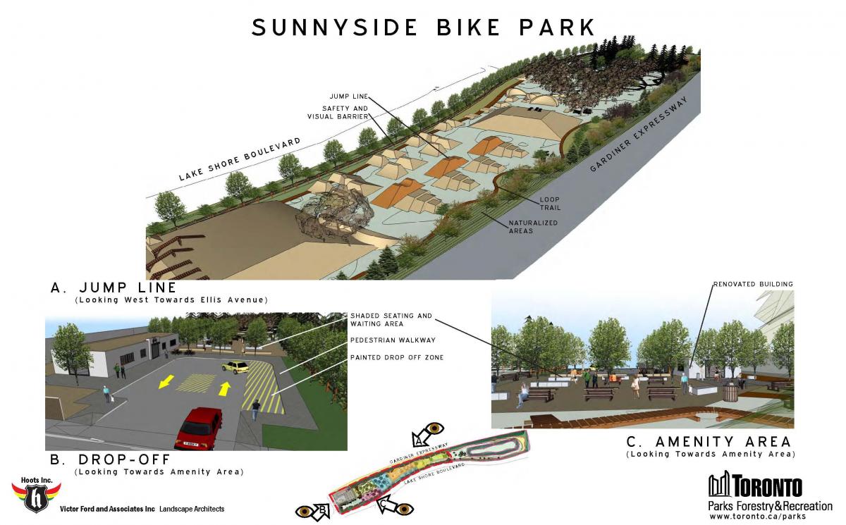 Mapa Sunnyside bike park Toronto salto line