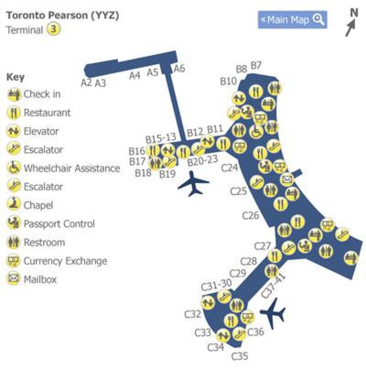 Mapa Toronto Pearson aireportuko terminal 3