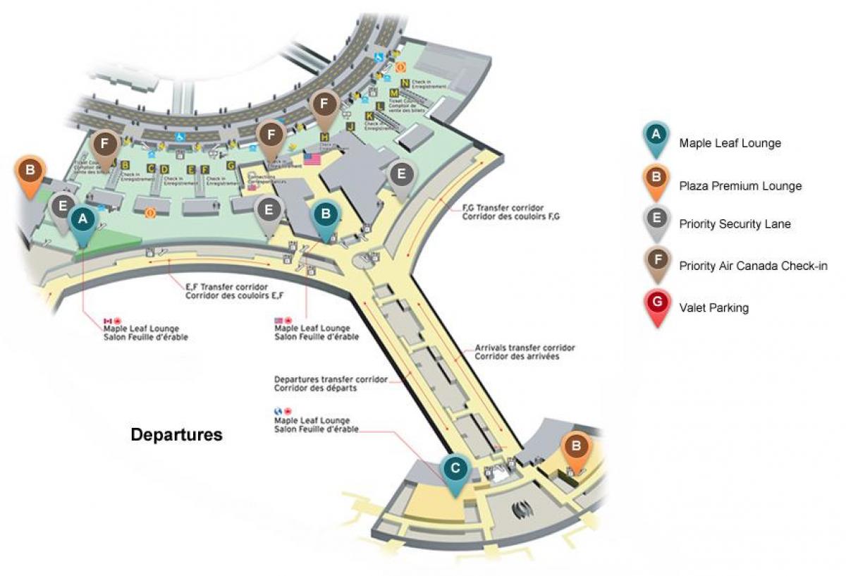 Mapa Toronto Pearson nazioarteko aireportua irteerak terminal