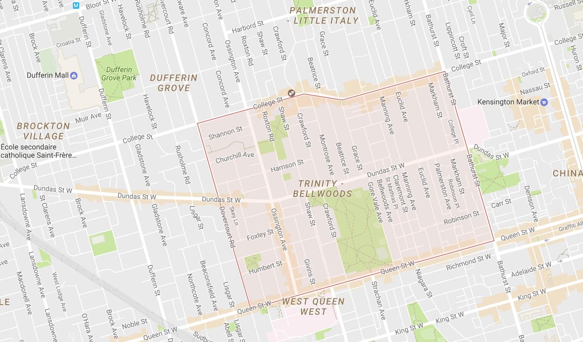 Mapa Trinity–Bellwoods auzoa Toronto