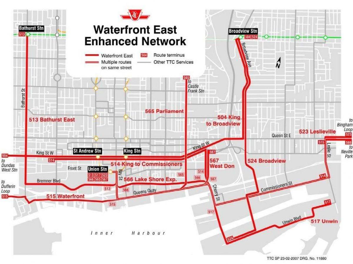 Mapa Waterfront Ekialdean indartu sare Toronto