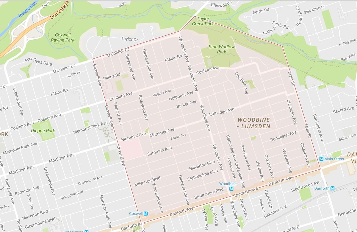 Mapa Woodbine Altuerak auzoa Toronto