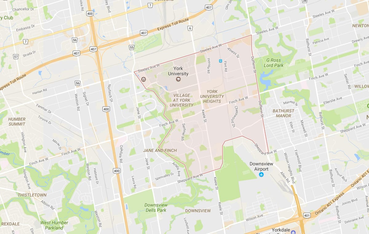 Mapa York University Altuerak auzoa Toronto