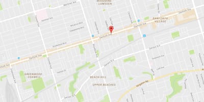 Mapa Ekialdean Danforth auzoa Toronto