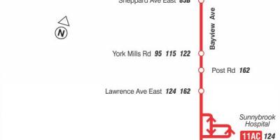 Mapa HAR 11 Bayview autobus ibilbidea Toronto
