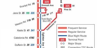 Mapa HAR 32 Eglinton West autobus ibilbidea Toronto