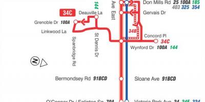 Mapa HAR 34 Eglinton Ekialdean autobus ibilbidea Toronto