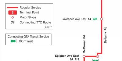 Mapa HAR 9 Bellamy autobus ibilbidea Toronto