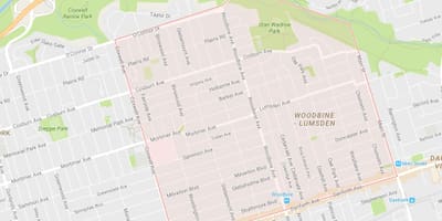 Mapa Woodbine Altuerak auzoa Toronto